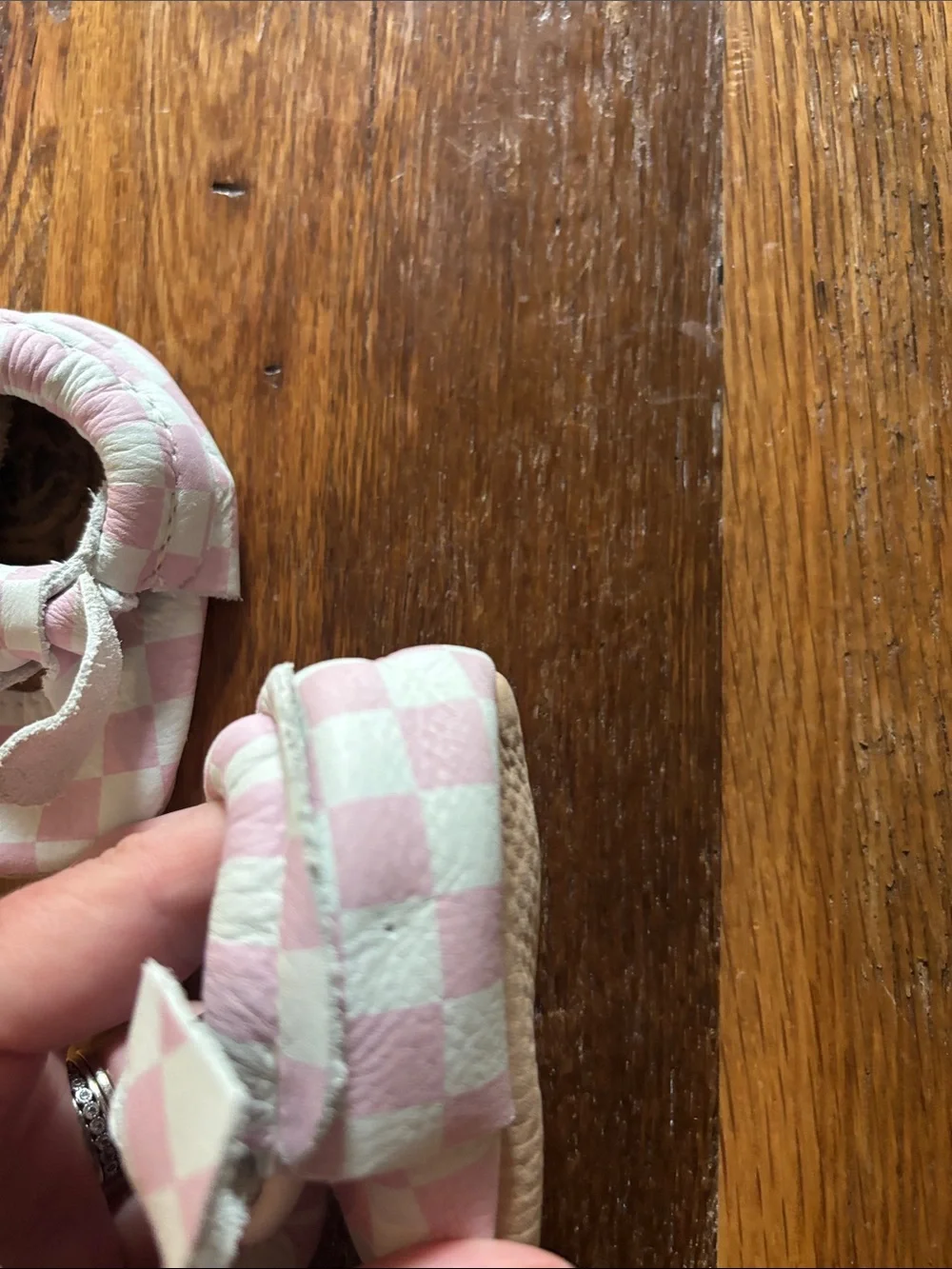 Freshly Picked Pink & White Checkerboard Bow Baby Moccasins size 1